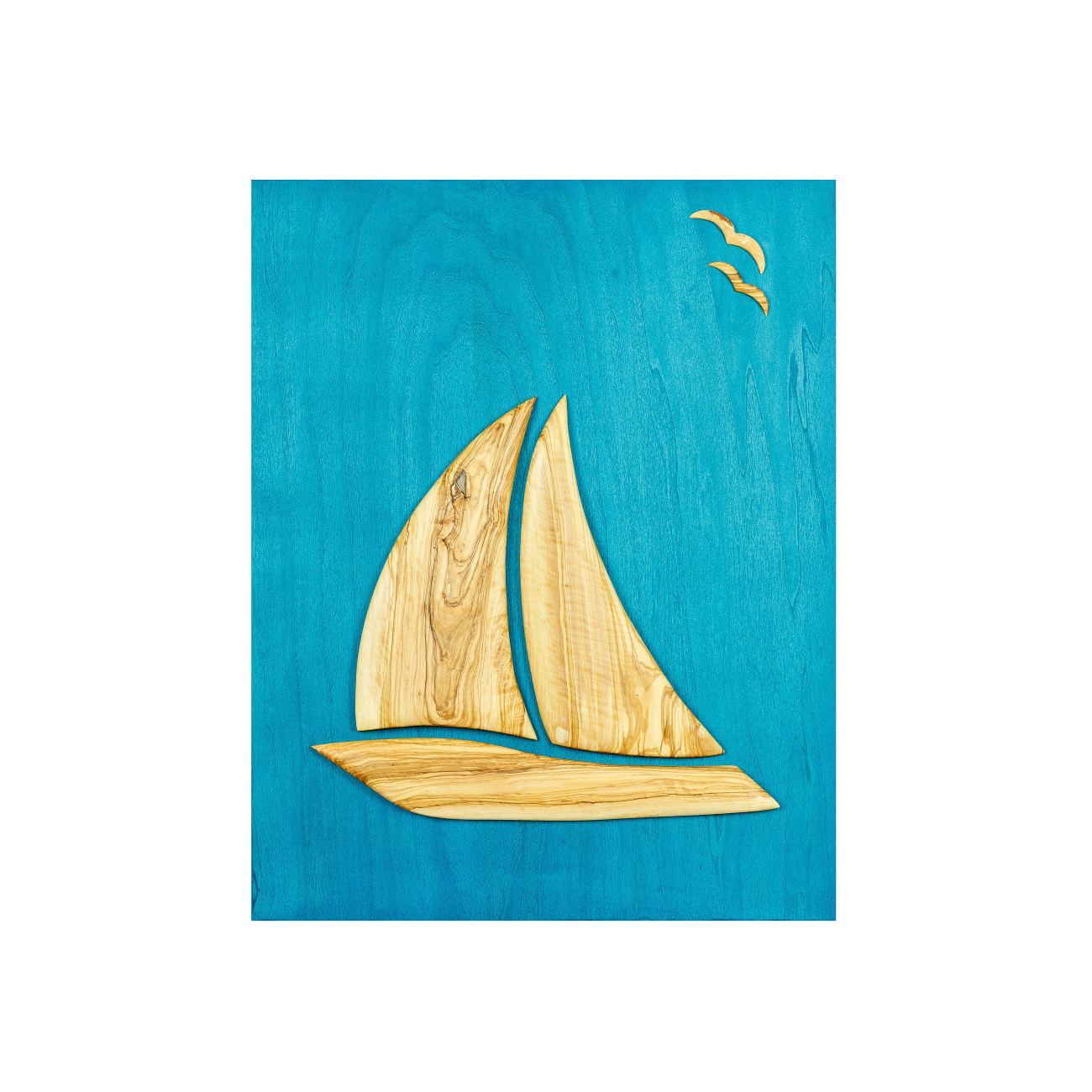 Olive Wood Sailboat, Handmade Modern Wall Decor, Blue Wooden Background, Design A, 55x70cm